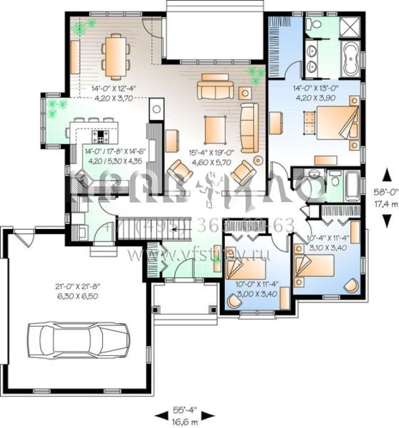 Проект одноэтажного дома с гаражом на две машины в стиле Ранчо S5-168 (034-00656)