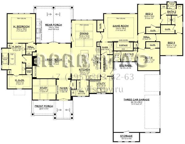 Проект одноэтажного дома с гаражом на три и более машин в американском стиле S5-313 (041-00193)
