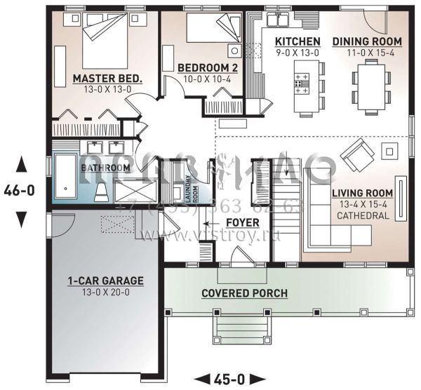 Проект одноэтажного дома с гаражом на одну машину в стиле Ранчо S5-125 (034-00211)