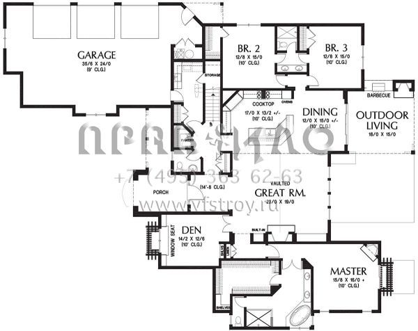 Проект одноэтажного дома с гаражом на три и более машин в стиле Ранчо S5-272 (2559-00711)