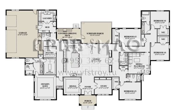 Проект одноэтажного дома с гаражом на три и более машин в стиле Ранчо S5-404 (6849-00145)