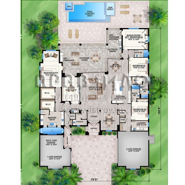 Проект одноэтажного дома с гаражом на три и более машин в прибрежном стиле S5-399 (5565-00048)