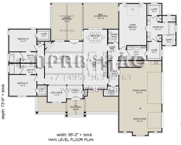 Проект двухэтажного дома с гаражом на три и более машин в стиле Ранчо S5-408 (940-00173)