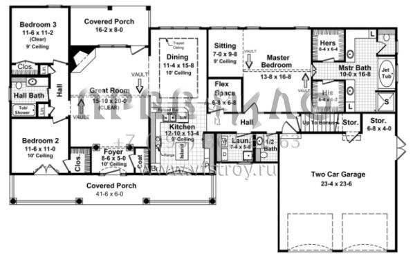 Проект одноэтажного дома с гаражом на две машины в стиле Ранчо S5-186 (348-00105)