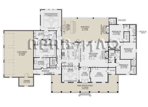 Проект одноэтажного дома с гаражом на три и более машин в стиле Ранчо S5-328 (4534-00055)