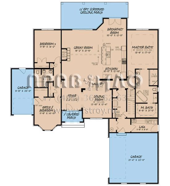 Проект одноэтажного дома с гаражом на три и более машин в английском стиле S5-221 (8318-00081)