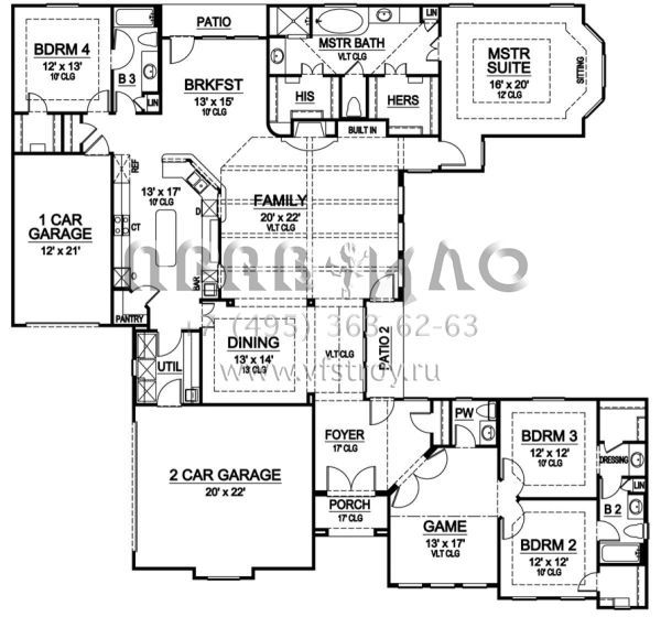 Проект одноэтажного дома с гаражом на три и более машин в стиле Ранчо S5-301 (5445-00201)