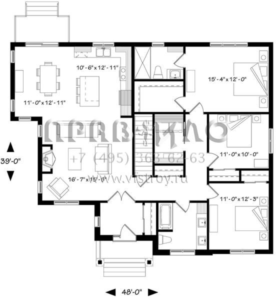 Проект одноэтажного дома без гаража в американском стиле S5-152 (034-01139)