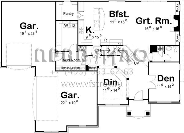 Проект двухэтажного дома с гаражом на три и более машин в стиле Ранчо S5-324 (963-00213)