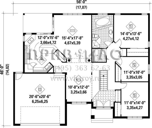Проект одноэтажного дома с гаражом на две машины в стиле Ранчо S5-160 (6146-00200)