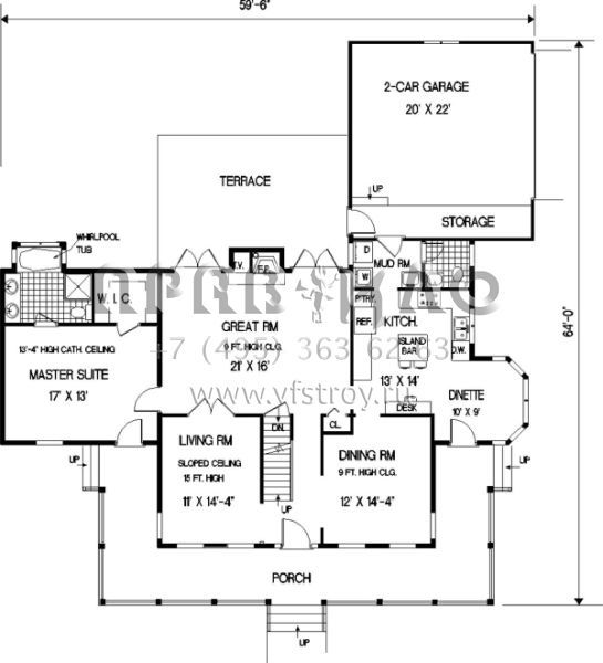 Проект двухэтажного дома с гаражом на две машины в стиле Ранчо S5-202 (033-00018)
