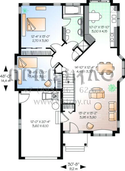 Проект одноэтажного дома с гаражом на одну машину в стиле Ранчо S5-102 (034-00004)