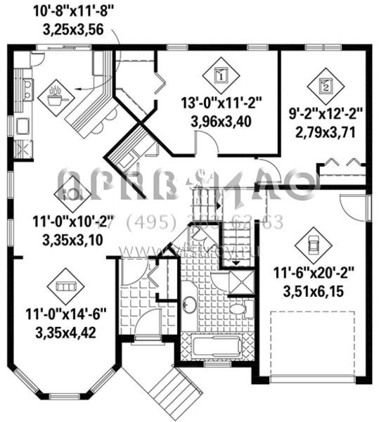 Проект одноэтажного дома с гаражом на одну машину в английском стиле S5-105 (6146-00335)