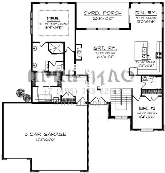 Проект одноэтажного дома с гаражом на три и более машин в стиле Райт S5-182 (1020-00027)