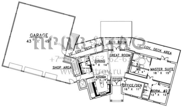 Проект одноэтажного дома с гаражом на три и более машин в прибрежном стиле S5-485 (039-00182)