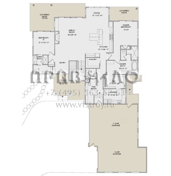 Проект одноэтажного дома с гаражом на три и более машин в стиле Ранчо S5-444 (8768-00125)