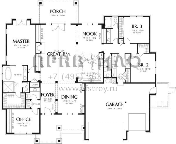 Проект двухэтажного дома с гаражом на три и более машин в стиле Ранчо S5-254 (2559-00389)