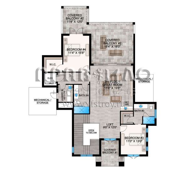 Проект двухэтажного дома с гаражом на три и более машин в прибрежном стиле S5-412 (207-00111)