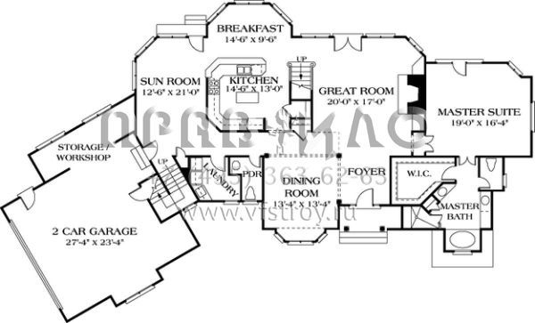 Проект двухэтажного дома с гаражом на две машины в стиле Ранчо S5-362 (3323-00386)