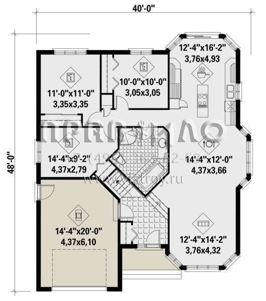 Проект одноэтажного дома с гаражом на одну машину в стиле Ранчо S5-123 (6146-00423)