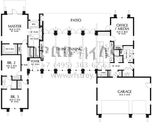 Проект одноэтажного дома с гаражом на три и более машин в современном стиле S5-238 (2559-00806)