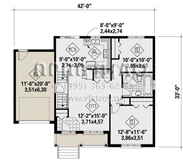 Проект одноэтажного дома с гаражом на одну машину в стиле Ранчо S5-86 (6146-00419)
