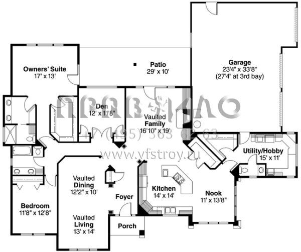 Проект одноэтажного дома с гаражом на три и более машин в прибрежном стиле S5-232 (035-00219)