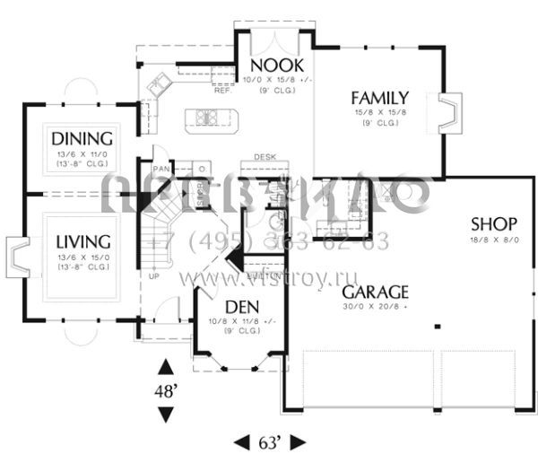Проект двухэтажного дома с гаражом на три и более машин в стиле Ранчо S5-239 (2559-00465)
