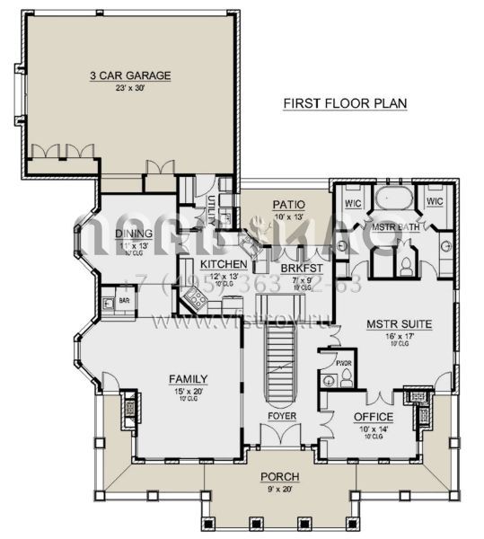 Проект двухэтажного дома с гаражом на три и более машин в стиле Ранчо S5-307 (5445-00442)