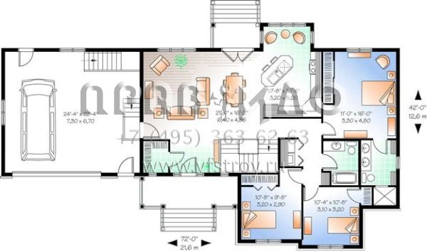 Проект одноэтажного дома с гаражом на две машины в стиле Ранчо S5-280 (034-01026)
