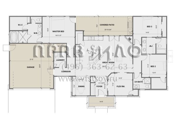 Проект одноэтажного дома с гаражом на две машины в стиле Ранчо S5-198 (881-00002)
