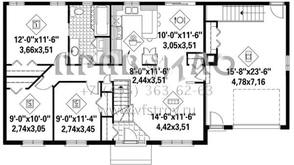 Проект одноэтажного дома с гаражом на одну машину в стиле Ранчо S5-103 (6146-00276)