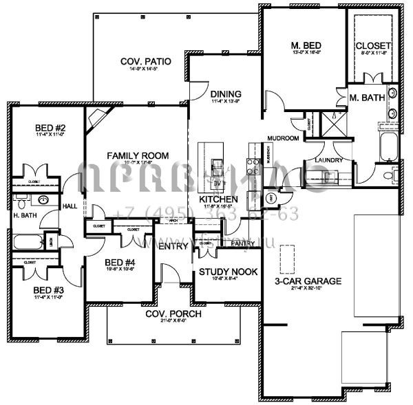 Проект одноэтажного дома с гаражом на три и более машин в стиле Ранчо S5-189 (677-00003)