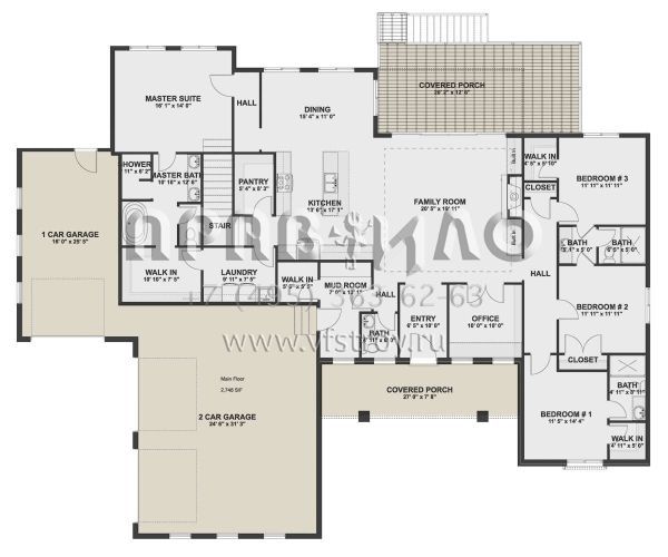 Проект одноэтажного дома с гаражом на три и более машин в стиле Ранчо S5-255 (2802-00141)