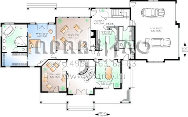 Проект двухэтажного дома с гаражом на три и более машин в стиле Ранчо S5-385 (034-00499)