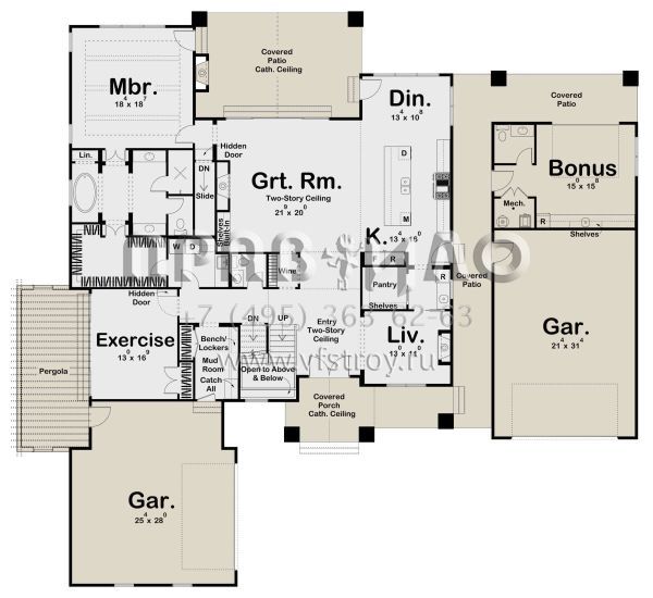 Проект двухэтажного дома с гаражом на три и более машин в стиле Ранчо S5-382 (963-00672)
