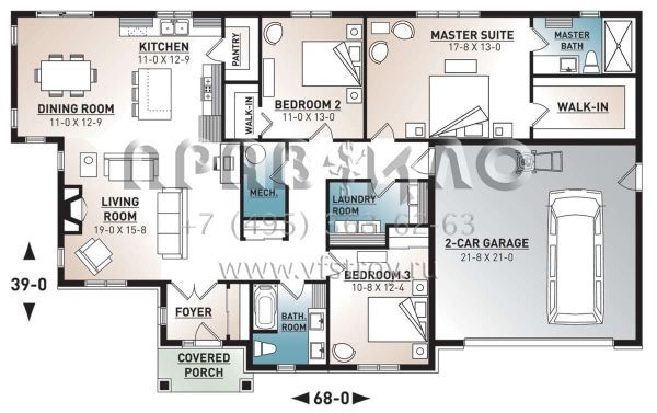 Проект одноэтажного дома с гаражом на две машины в стиле Ранчо S5-173 (034-01178)