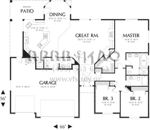 Проект одноэтажного дома с гаражом на три и более машин в стиле Ранчо S5-200 (2559-00132)