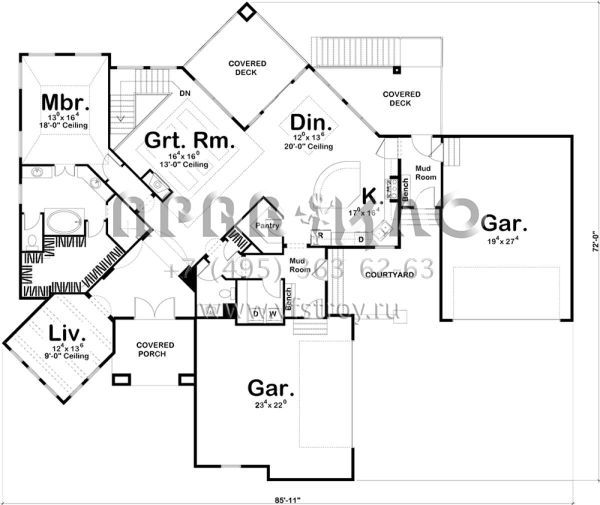 Проект одноэтажного дома с гаражом на три и более машин в английском стиле S5-198 (963-00287)