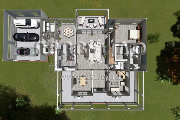 Проект двухэтажного дома с гаражом на три и более машин в стиле Ранчо S5-303 (4848-00383)