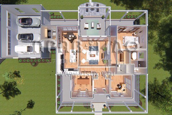 Проект двухэтажного дома с гаражом на три и более машин в стиле Ранчо S5-209 (4848-00183)