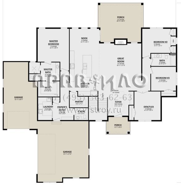 Проект одноэтажного дома с гаражом на три и более машин в стиле Ранчо S5-234 (1958-00012)