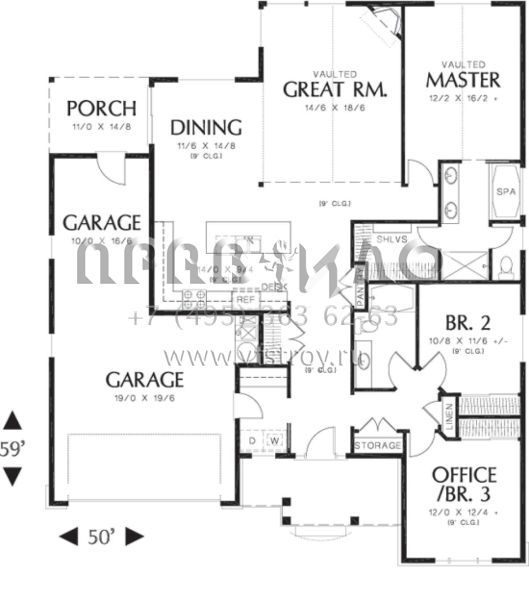 Проект одноэтажного дома с гаражом на три и более машин в американском стиле S5-167 (2559-00093)