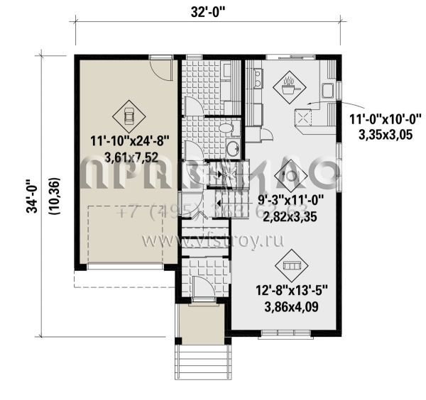 Проект одноэтажного дома с гаражом на одну машину в стиле Ранчо S5-105 (6146-00475)