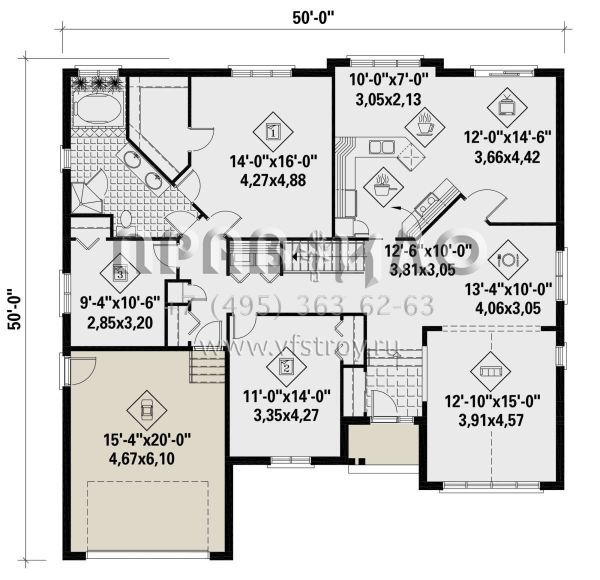 Проект одноэтажного дома с гаражом на одну машину в стиле Ранчо S5-168 (6146-00435)