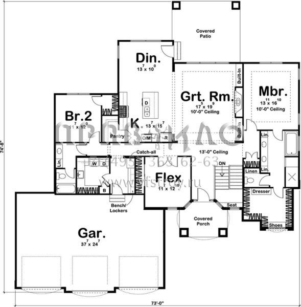 Проект одноэтажного дома с гаражом на три и более машин в прибрежном стиле S5-211 (963-00144)