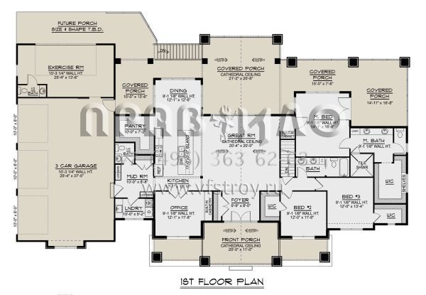Проект одноэтажного дома с гаражом на три и более машин в американском стиле S5-231 (5032-00271)