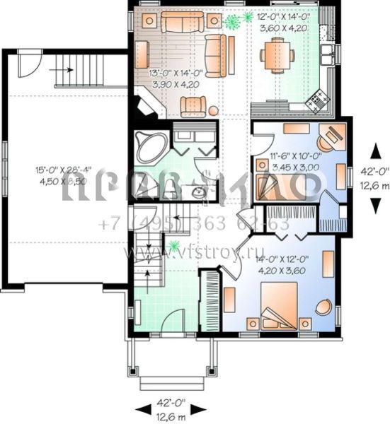 Проект одноэтажного дома с гаражом на одну машину в стиле Ранчо S5-105 (034-00219)