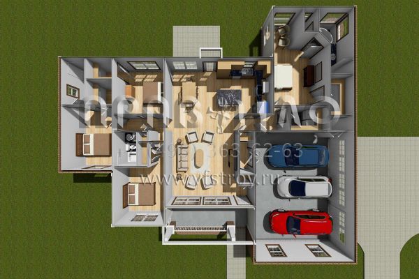 Проект одноэтажного дома с гаражом на три и более машин в стиле Ранчо S5-174 (4848-00028)