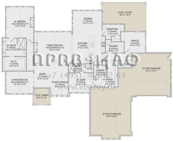 Проект одноэтажного дома с подвалом и гаражом на четыре машины в американском стиле S5-301 (6422-00070)
